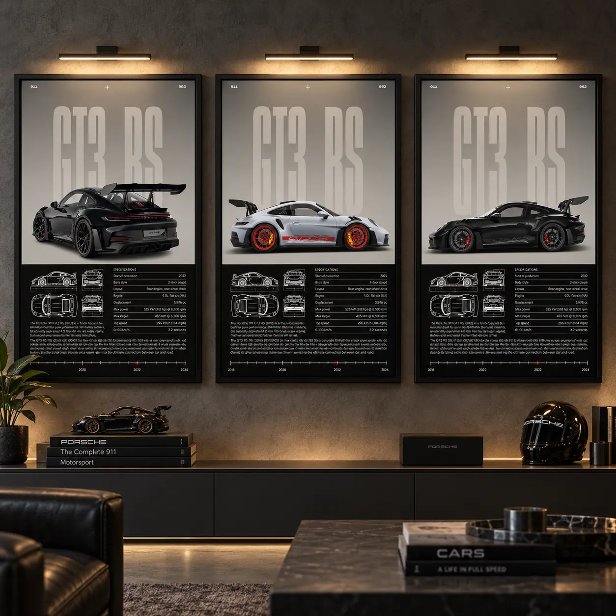 Luxury Sports Car GT3 RS Canvas Wall Art Poster, Racing Car Blueprint Print, Black White Automotive Aesthetic Artwork, Modern Supercar Wall Decor for Bedroom, Garage, Man Cave, Gaming Room, Office, Car Enthusiast Gift