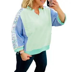 Women's Color Block Long Sleeve Notched Neck Plus Size Top