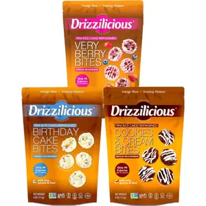 Drizzilicious Sweet Variety 3-Pack – Cookies & Cream, Very Berry & Birthday Cake – Mini Rice Cake Snack Dessert Sugar