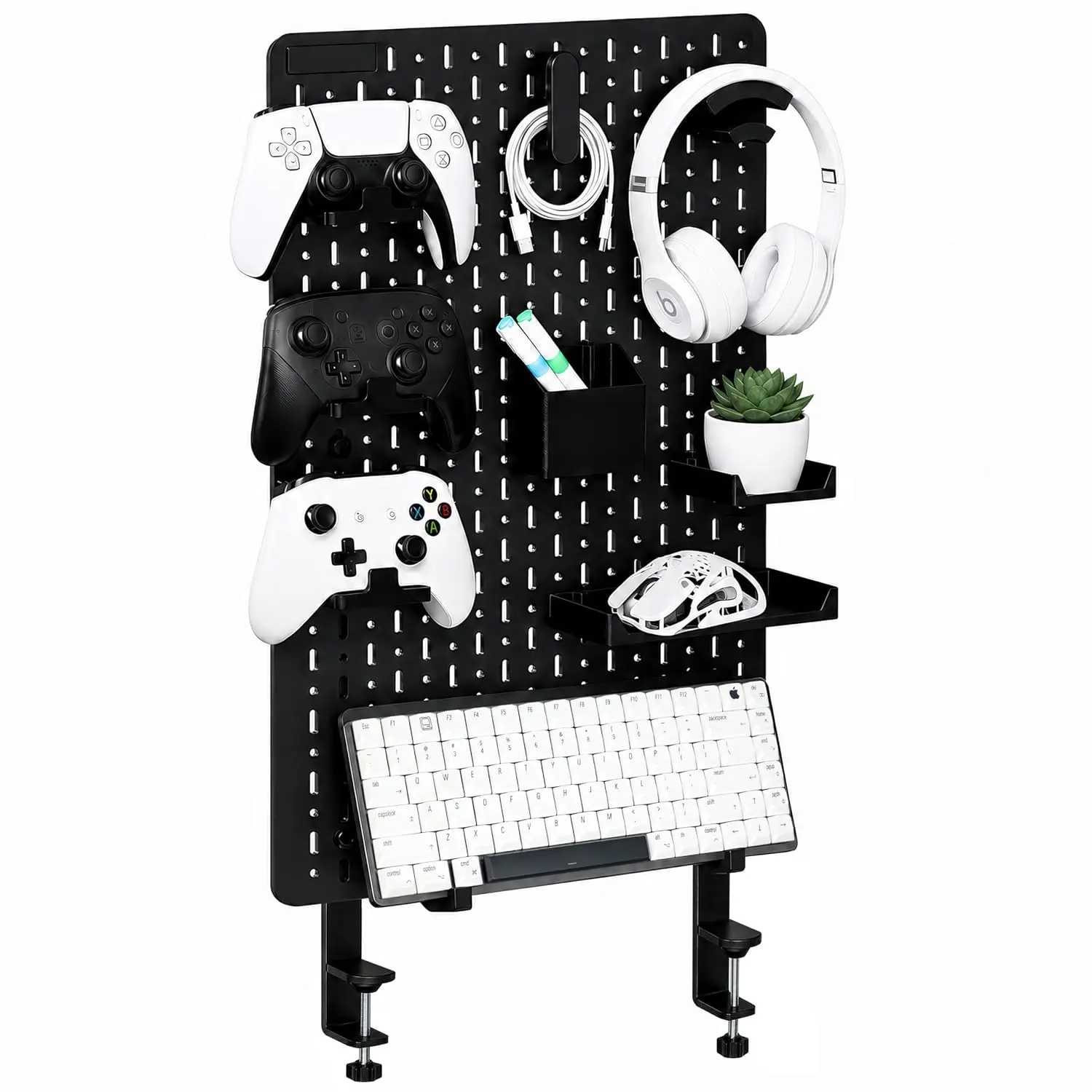 Clamp-On Pegboard Organizer - ABS Plastic, No-Drill Desk Mounting, 14 Accessories for Gamers/Office | Home Organizer Storage for Controllers, Keyboard, Headphone, Cables | Minimal Black Office & Desk Accessories