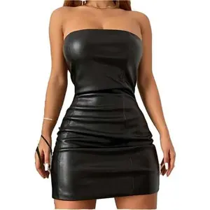 Women Sexy Club Party Strapless Pu Leather Black Ruched Latex Dress