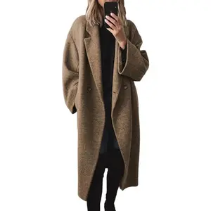 Women's Winter Double Breasted Wool Coat Long Sleeve Notch Lapel Long Trench Coat