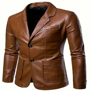 Men's Sleek Black PU Leather Jacket - Stylish Button-Up Blazer with Lapel Collar, Long Sleeves, and Side Pockets for Business or Formal Occasions business casual outfits courthouse wedding outfit suits men striped double Ugly black custom Slim Fit Coats