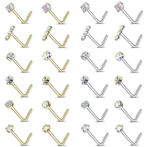 ZS 3-4Pcs/lot Gold Color Stainless Steel Nose Stud Set Heart Star Round Crystal Nose Piercing L Shape Nostril Piercing 18g/20g