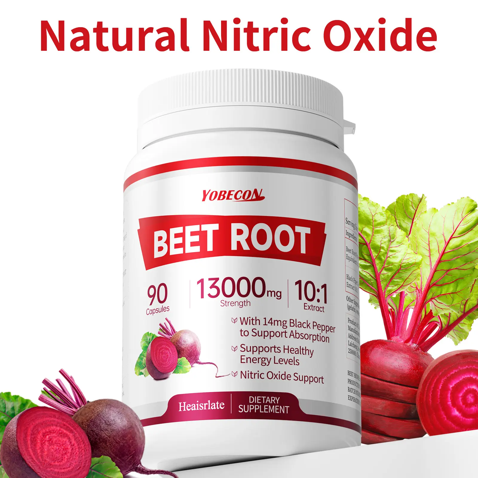 Natural Nitric Oxide Beet Root Dietary Capsules - 13000mg High Strength Per Serving, Plant-Based Vegetarian Vitamin Supplement, Local Warehouse Stock, for Blood Flow & Energy Support