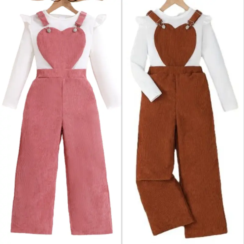 Ready Stock Big Girls' Two Piece Outfit 8Y,9Y,10Y,11Y,12Y Kid Girls Knit Flutter Long Sleeve Top + Pink Corduroy Heart Shaped Overalls Straight-Leg Pants Set 42507006