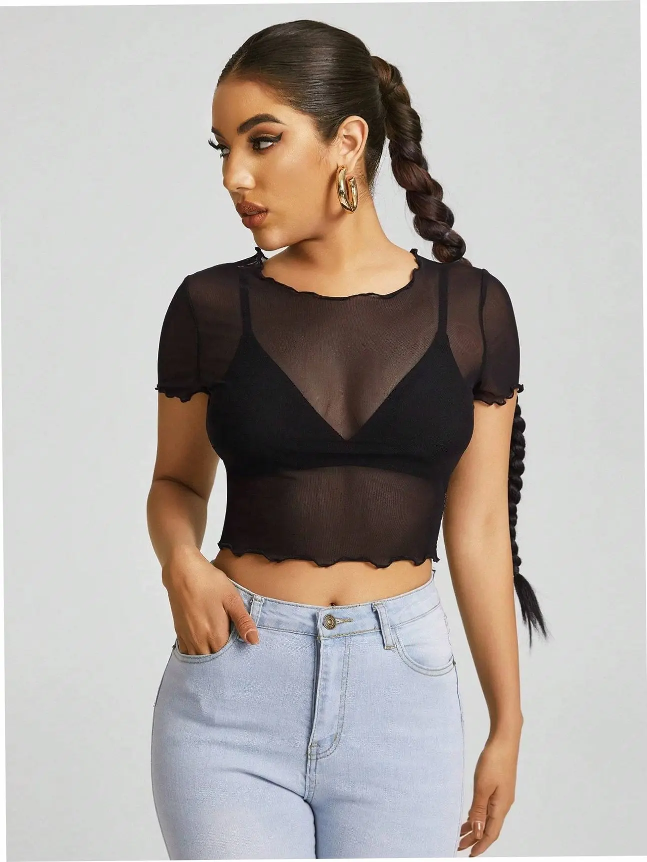 Sheer Mesh Crop Top Lettuce Trim Y2K Going Out Street Style