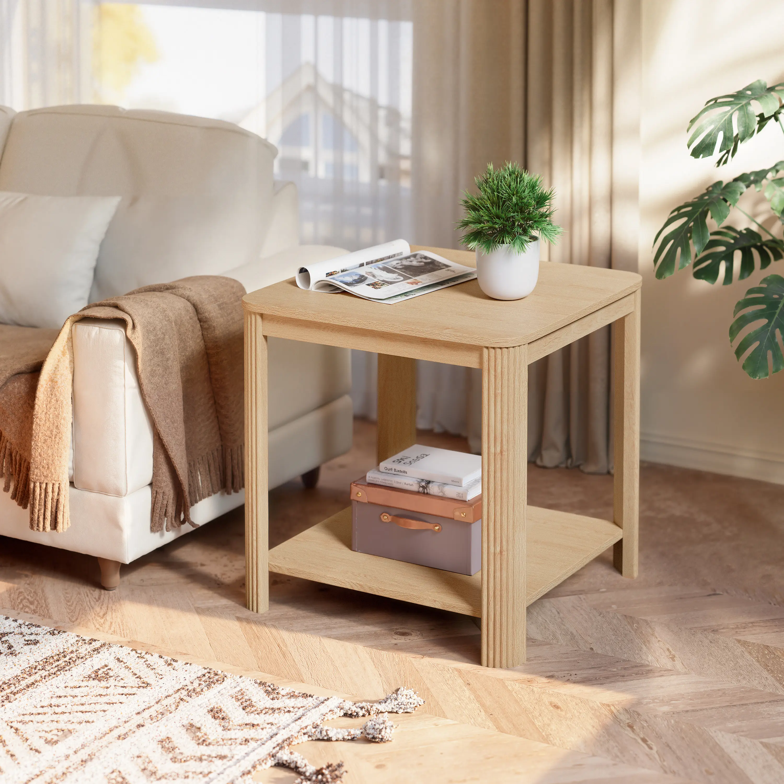 XUAN 2-Tier Boho Rounded Corner End Table - Vertical Wave Grain Legs, 22.1'' Square Standing Pedestal Table, Small Space Nightstand for Living Room, Bedroom, Standing Pedestal Tables