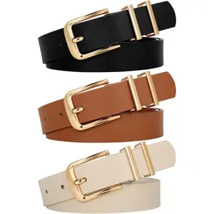3 PACK Women Belt Women Fashion Leather Belts for Jeans Pants Ladies Belts with Gold Buckle