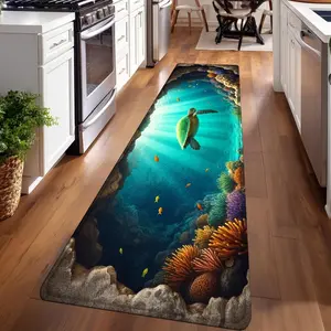 1PC，Blue - Green Underwater Sea Turtle CavePatterned strip rugs, used for everyday or festive decorations, entryway mats, RV mats, bathroom non-slip mats, bedroom bedside mats, and kitchen mats.