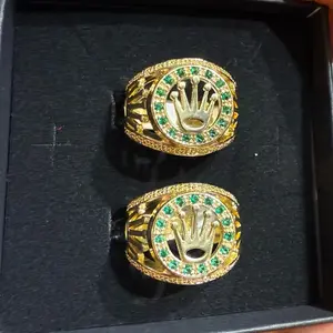 Gold Plated Crown Ring For Men Size 8 9 10 with Green Gemstone Accents