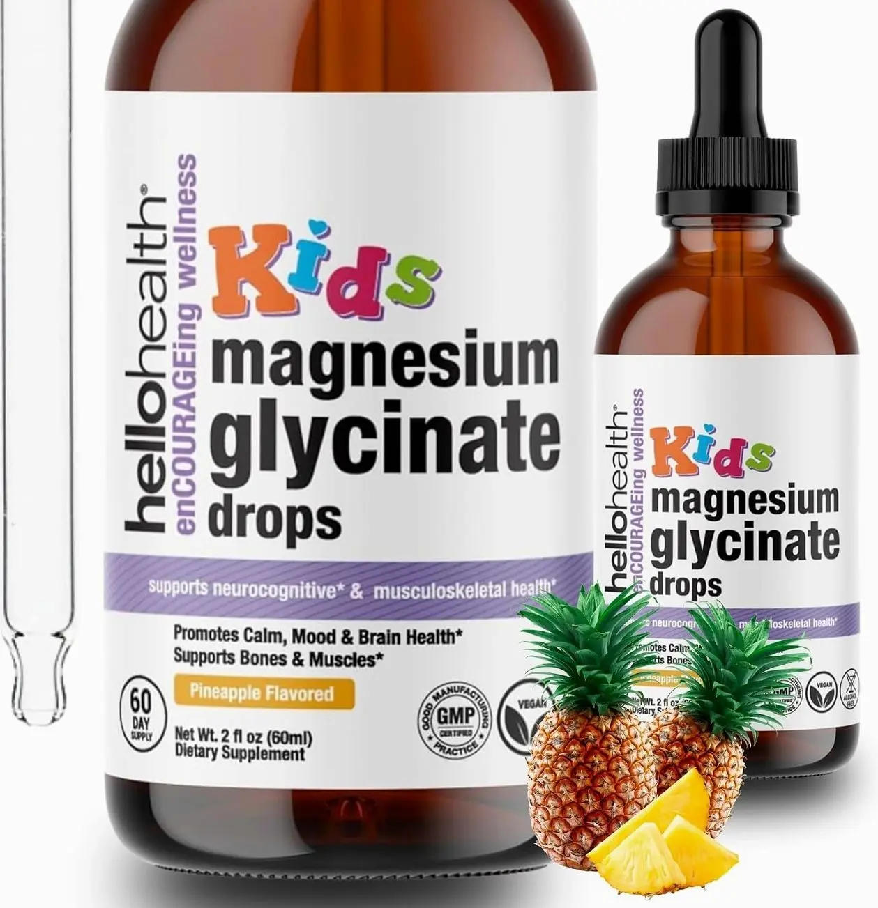 Kids Magnesium Glycinate Liquid Drops – Sugar Free Liquid Drops, Happy Calm for Kids Calming Supplement Complex – Magnesium for Children & Nighttime Sleep, Pineapple Flavor 2 Fl Oz.