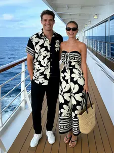 Hawaii Couple Outfit Tribal Hibiscus Floral Print Bowknot Off the Shoulder Jumpsuit and Shirt Set