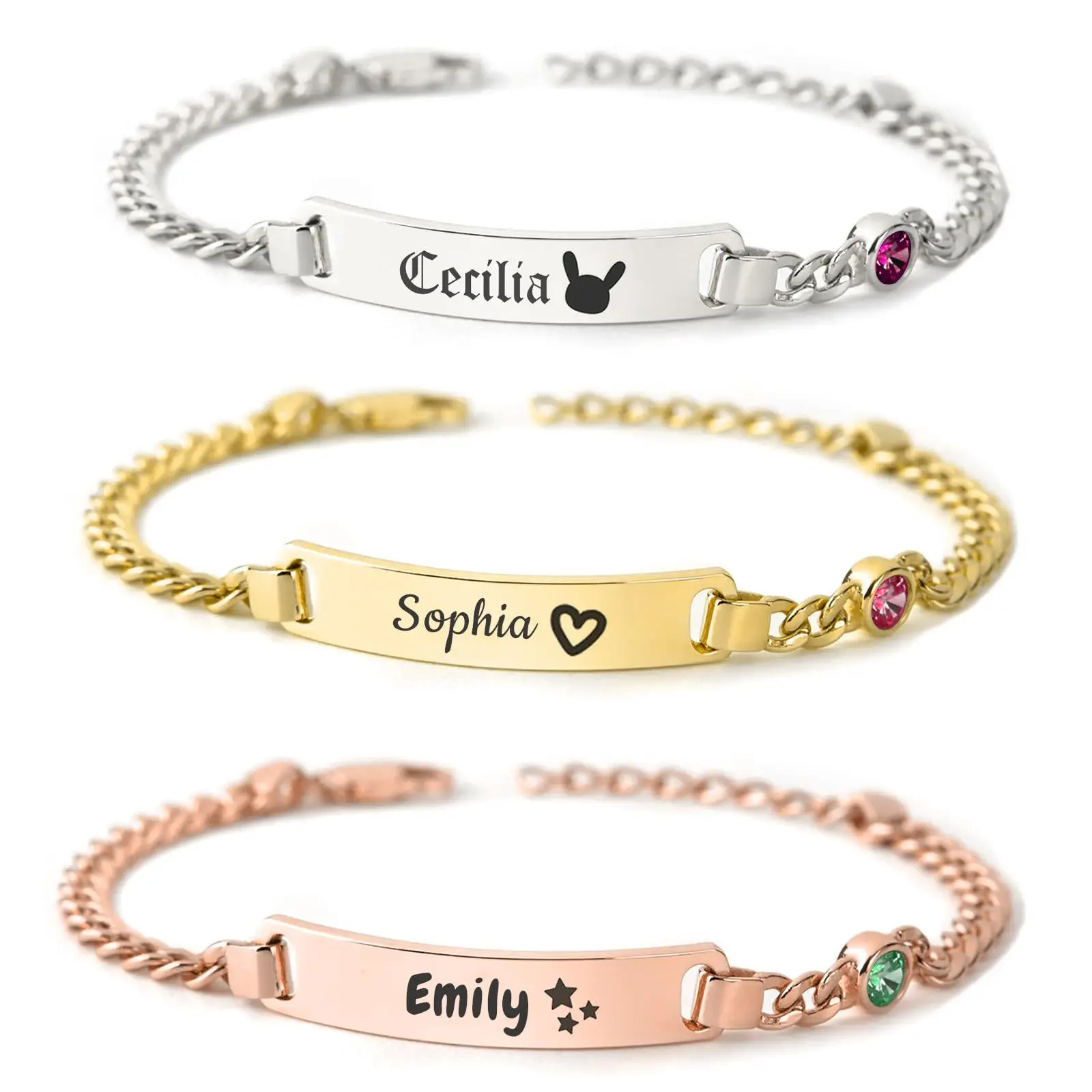 Women's Stainless Steel Heart Star Birthstone Bracelet - Custom Name Curved Engraved Tag, Elegant Minimalist Bangle, Personalized Holiday & Birthday Gift