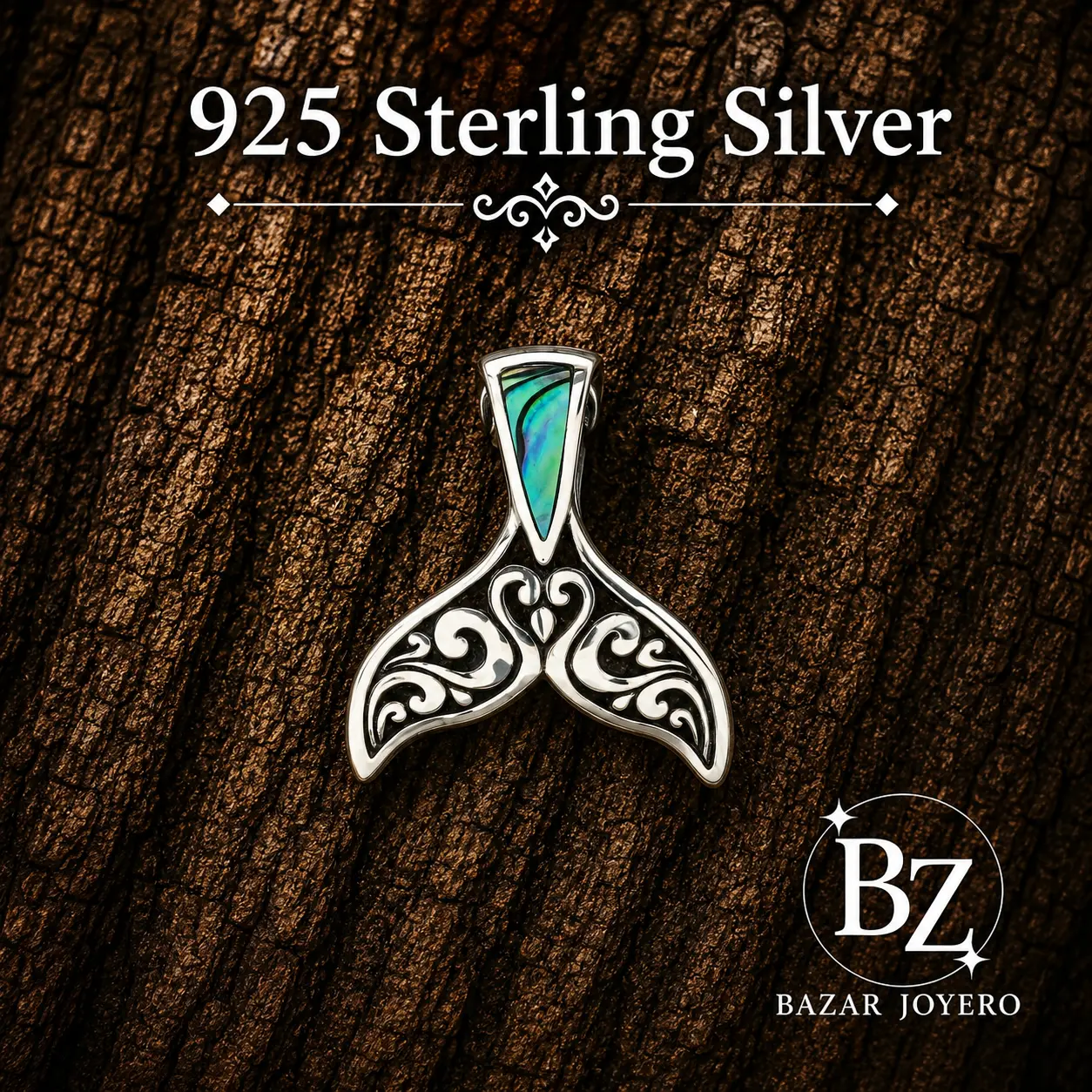 925 Sterling Silver Whale Tail Pendant with Blue Abalone Shell Inlay
