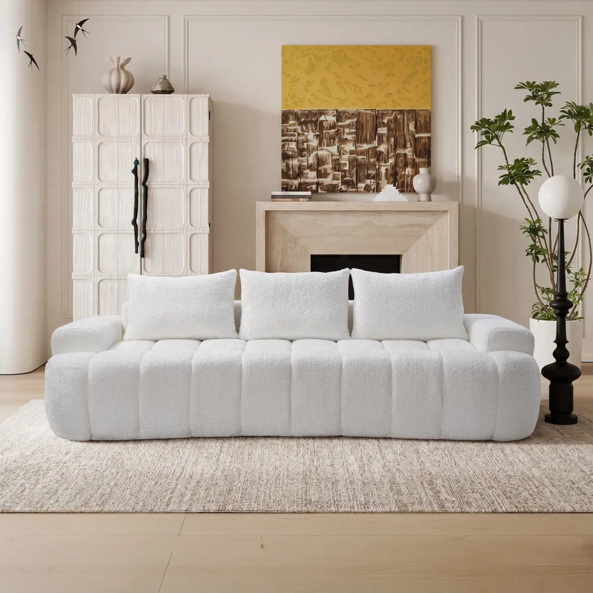 Aobtkel 100 Inch Extra Large Curved Sofa, Oversized 3 Seat White Boucle Cloud Couch with Deep Seating, Vertical Channel Tufting and High Resilience Foam, Vacuum Compressed No Assembly Modern Sofa for Living Room, Apartment, Condo