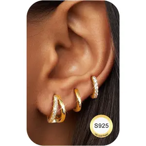 MILACOLATO 3 Pairs Sterling Silver Hoop Earrings for Women Chunky Earrings Hoops Earrings for Women Hypoallergenic Earring Sleeper Earrings Huggies Earrings Set Gold Silver