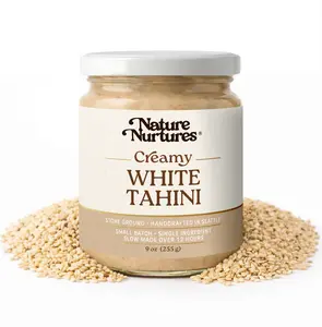 Creamy White Sesame Tahini · 100% White Sesame Seeds · Single Ingredient · No Fillers · Raw · Stone Ground for 12 Hours · Small Batch · Made in USA · High Protein · 100% Pure & Natural · No Added Sugar · No Palm Oil · Packed in Glass Jar · 9 oz (255 g)