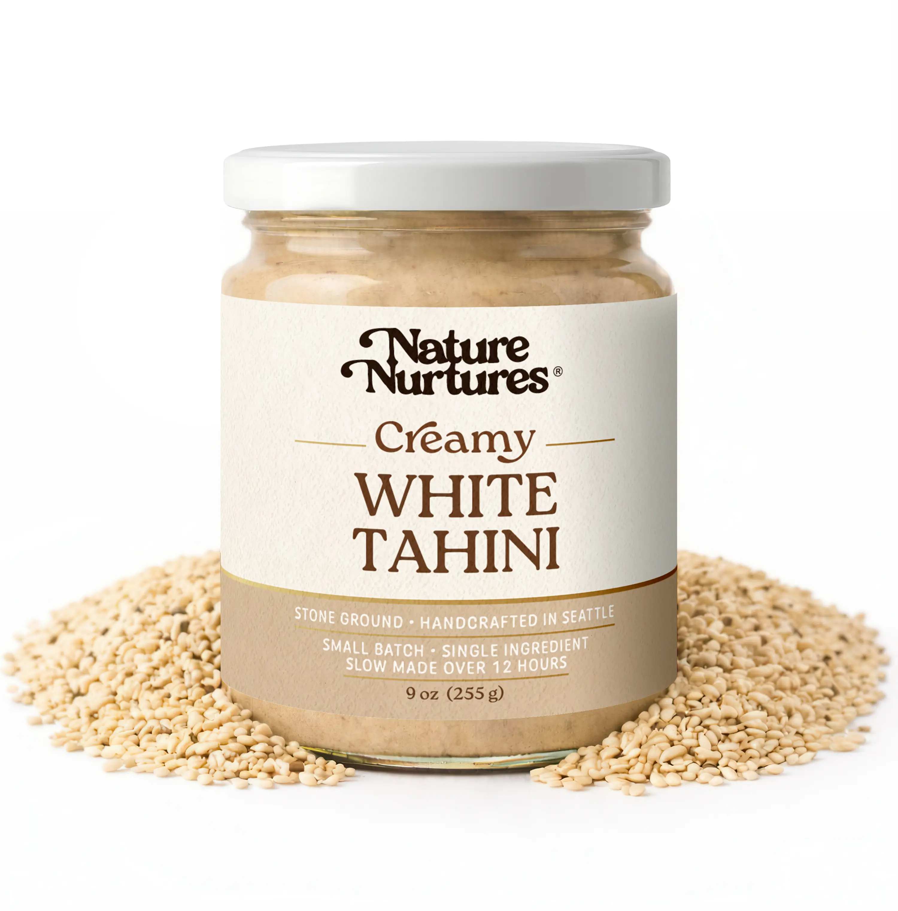 Creamy White Sesame Tahini · Raw Sesame Paste for Toast, Baking, Smoothies & Savory Spreads · Stone Ground for 12 Hours · Single Ingredient · Small Batch · High Protein · No Added Sugar · No Palm Oil · Packed in Glass Jar · 9 oz (255 g)