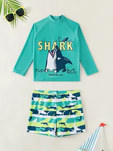 Boys' Cartoon Shark Rash Guard Set Kids Green Long Sleeve Swim Shirt & Trunks