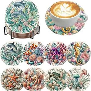 8 pieces/set of diamond painted coaster set with ocean series pattern coaster (with holder) - DIY diamond art craft kit for home decoration beginners, diamond craft supplies, artificial diamond art craft supplies gifts, Diamond Painting Coasters