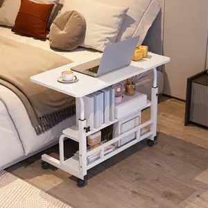 Rolling Laptop Desk with Adjustable Height (23.6"-33.5"), Mobile Overbed Table with Storage Shelves & Lockable Casters, Portable Standing Desk for Bed, Sofa, Home Office, Small Spaces