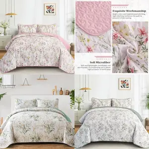 3 Pieces Quen/King Size Quilt Set, Pink Floral Pattern Quilt Bedding Set King,  Botanical Quilt Soft Microfiber Bed Coverlet for All Season