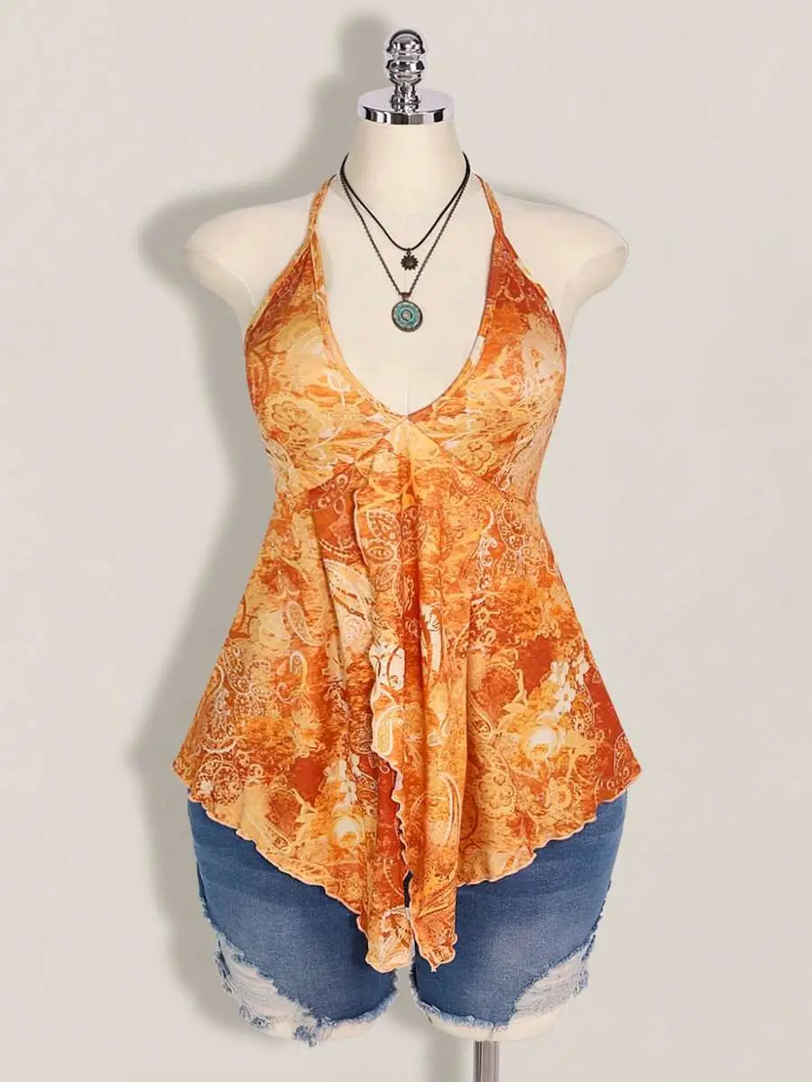 Plus Size Women Spring And Summer Vacation Casual Retro Printed Backless Halter Y2k V Neck Western Boho Beach Hippie Babydoll Top