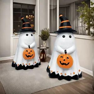 Two-Piece Halloween Ghost Figurine Set with Pumpkins and Witch Hats, Resin Home Decor for Indoor & Outdoor Use, Perfect for Halloween, Easter, Day of the Dead, and Diwali Celebrations, Halloween Decorations