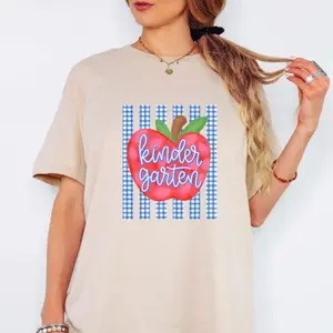 Women's Gildan Striped Teacher Apple Heritage Graphic Tee - Aesthetic Blue Gingham Back to School Shirt, Pre-K to 4th Grade Teacher Appreciation Gift