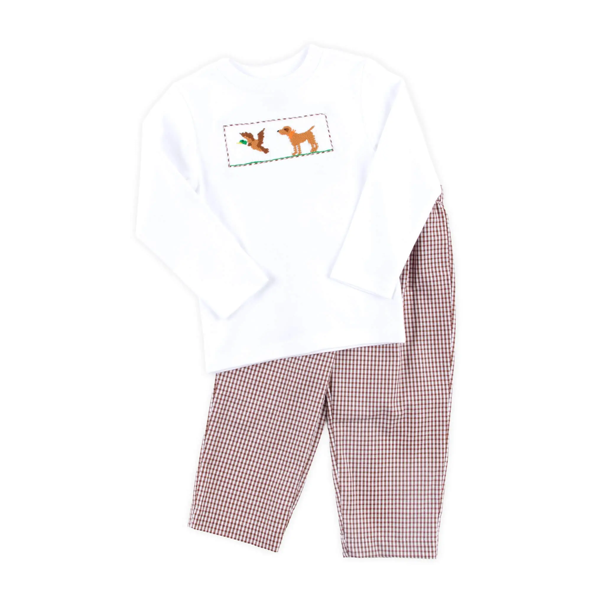Mallard & Dog Smocked Brown Gingham Pant Set