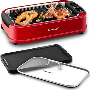 Techwood Indoor Smokeless Grill 1500W Electric with Tempered Glass Lid Portable Non-stick BBQ Korean Turbo Smoke Extractor Drip Tray Double Removable Plate Black grill rack electric mini
