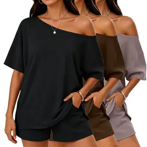 AUMNA Womens 2 Piece Summer Shorts Set Lounge Solid Loose Short Sleeve Tee & High Waist Shorts 2PCS Outfits Lightweight Casual Loungewear for Beach & Daily Wear