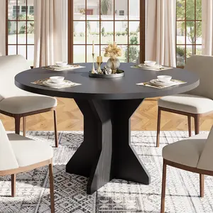 47" Round Dining Table for 4-6 People, Circle Kitchen Dinner Table with Sturdy Pedestal Base, Small Spaces Dinning Room Furniture for Living Room, Kitchen, Apartment, Black