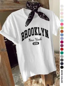 Casual Women's T-Shirt   Brooklyn US Letter Print  Geometric Round Neck Short Sleeve Printed Top   2-Way Layering/Solo Wear  Spring Summer & Year-Round Everyday Commute-Ready, Womenswear