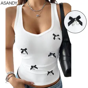 ASANDY Women’s Ribbed Plain Cropped U-Neck Sleeveless Tank Top - Slim Fit Casual Wear with Black Bow and Pearl Charms