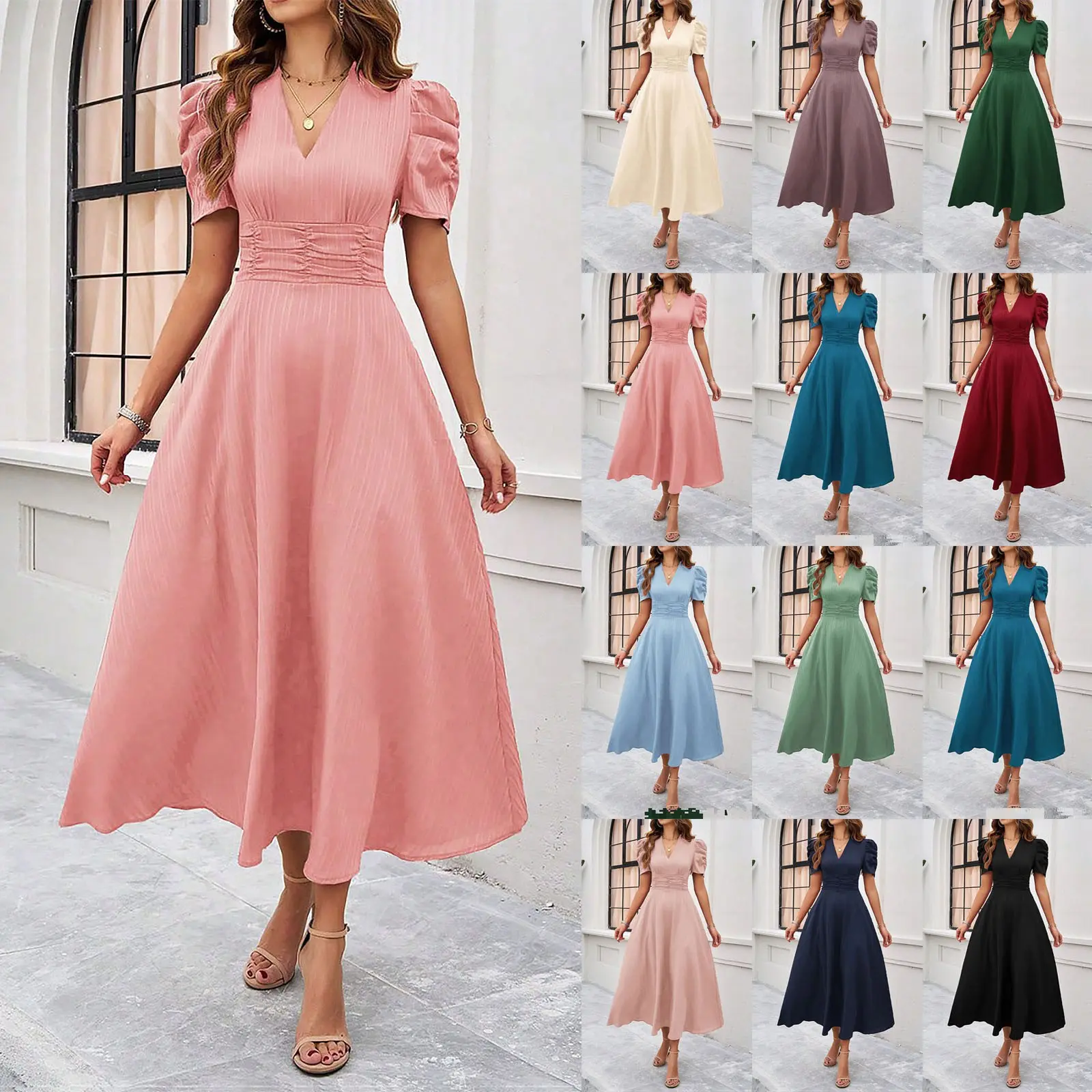 Women V Neck Puff Short Sleeve Midi Dress Solid Color High Waist Ruched A-Line Casual Summer Elegant Long Dress