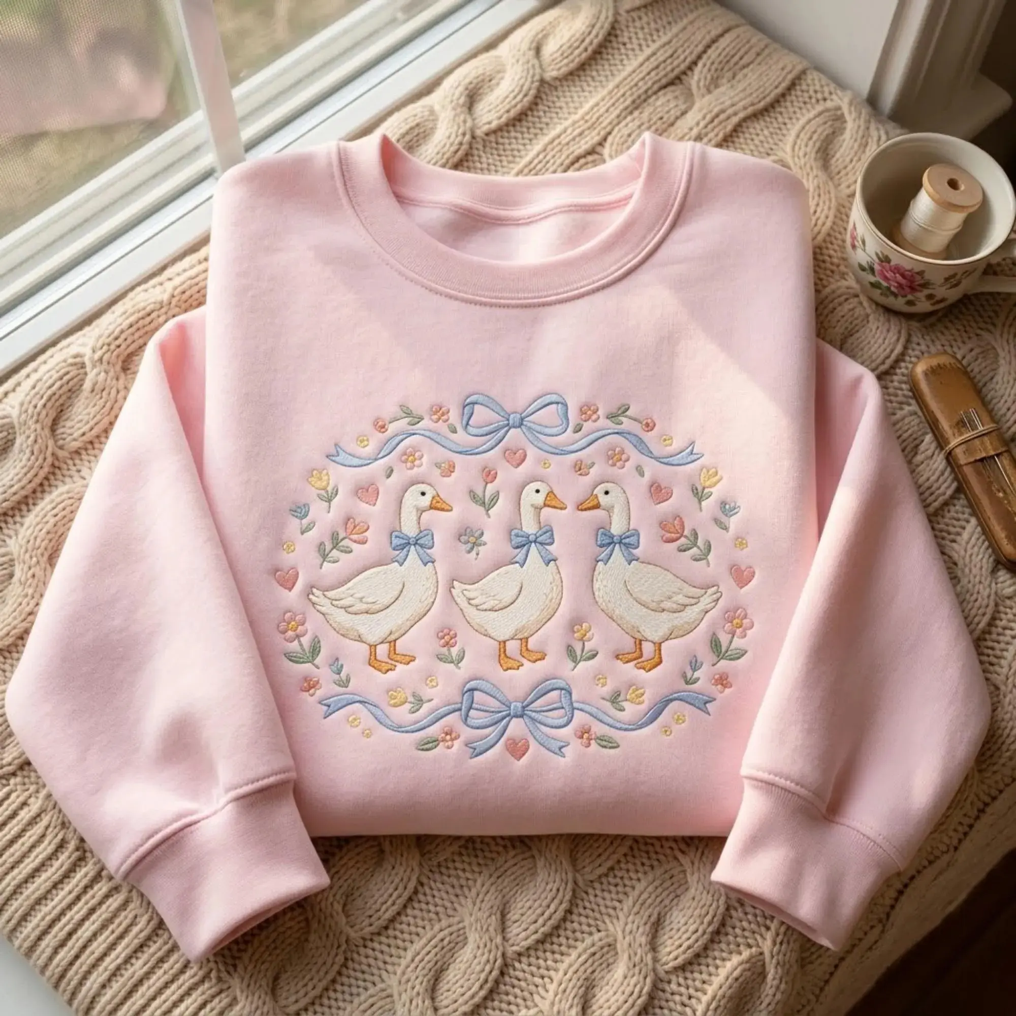 Women's Cottagecore Sweatshirt, Embroidered Goose Graphic, Casual Long Sleeve Round Neck Top for Jeans and Leggings, Tops