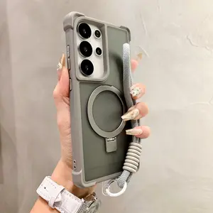 Luxury Lanyard Magnetic Armor Folding Stand Phone Case For Samsung S24 S25 Plus S23 Ultra 5G Shockproof Protective Back Cover