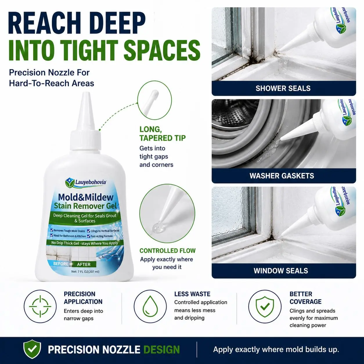 Lauyebohovia Bleach-Free Mold and Mildew Stain Remover Gel - Deep Cleaning No-Drip Clinging Formula for Grout, Shower Seals & Kitchen Sink, Pet Friendly Fast-Acting Bathroom Cleaner