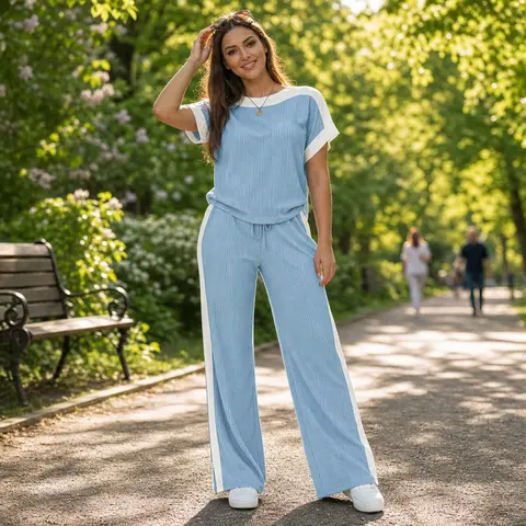 Fisoew Women's Ribbed 2-Piece Color Block Matching Set - Short-Sleeve Top with Side Slits, Wide-Leg Pants with Pockets, Elastic Waist, Lightweight Fabric, Mix-Match Ready, Plus-Size Women's 2 Piece Sets, Women 2 Piece Sets