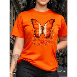 100% Cotton Women's Short Sleeve T-Shirt Vibrant Orange Butterfly And Floral Graphic Tee Lively And Nature - Themed Top For Casual Daily Wear Outings And Bright Style Statements