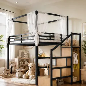 ARCH Full Loft Bed with Storage Stairs and Wardrobe, Metal Loft Bed Frame with Canopy, Heavy Duty Black Bed Frame for Kids Teens Adults, Space Saving Bed with Drawers and Hanging Closet for Bedroom Dormitory Apartment, Full Size Options