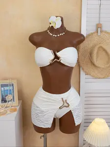 New Fashion Pure Bikini Three-Piece Set, Special Texture Fabric Design, Halter Top, Irregular Accessories, Elegant Simple Ensemble