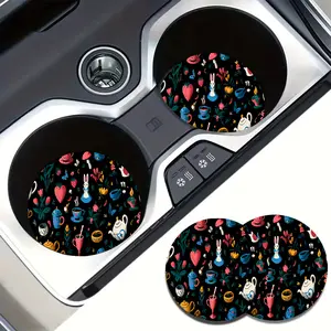 2pcs Tea Set Rabbit & Tea Cup Floral Car Cup Holder Mat - Waterproof Non-Slip Round 2.75-Inch Artificial Cup, Decorative Dashboard Accessory for Auto Interior Car Accessories, Car Interior Decoration (for all)