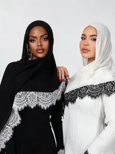 Lace Trim Colorblock Headscarf, Luxury Vintage Breathable Cotton Linen Scarf, Muslim Headscarf for Women, Daily Sun Protection Shawl, Elegant Style