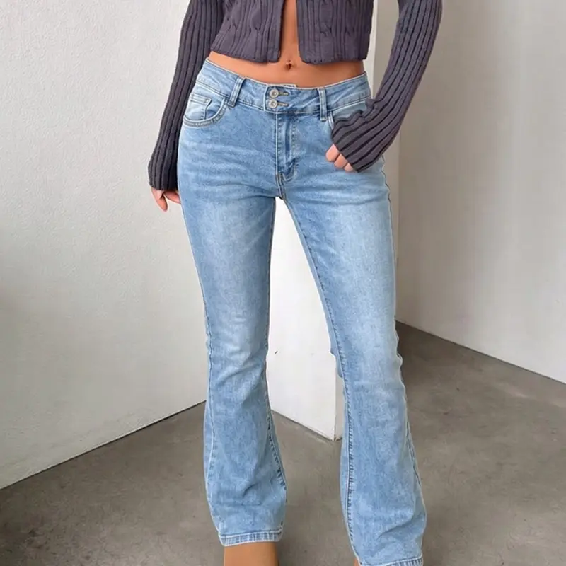 Women's Y2K Vintage Flare Leg Medium Wash Denim Jeans, Washed Jean Style, Low Waist Slim Fit with Double Button Design, Hip-Wrapping Flared Long Pants, Daily Everyday All-Match Casual Fashion Trousers, Bottoms, Womenswear