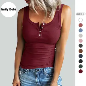 Imily Bela Women Henley Tank Tops Scoop Neck Ribbed Tops Summer Sleeveless Shirts Slim Fit Cami Knit Tees