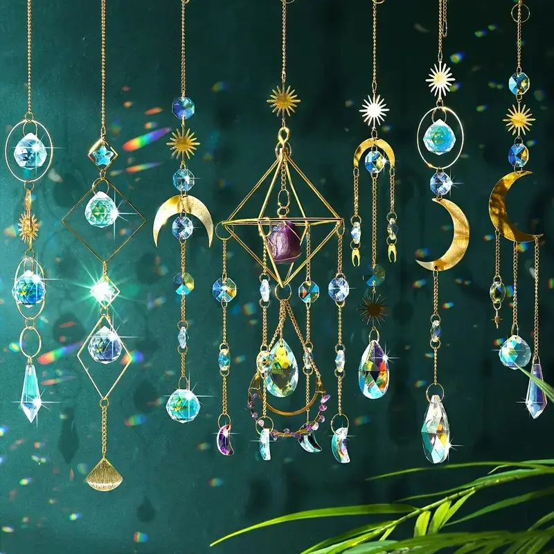 7pcs Crystal Sun Catcher Set, Sparkling Window Hanging Decor, Glass Prism & Agate Refractor, Indoor Outdoor Home Party Wedding Decoration