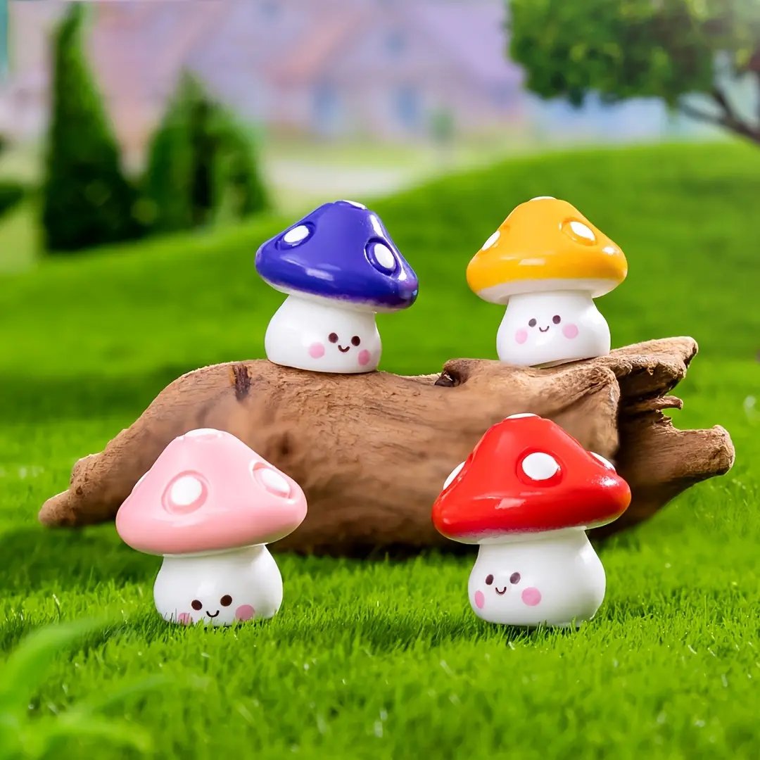 6-Pack Whimsical Mushroom Miniatures - Colorful Resin DIY Decorative Accessories, Statue Figurines, Garden Sculptures, Cute Smiling Mushrooms for Fairy Gardens and Tabletop Displays, No Power Required, Mushroom Decorations